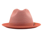 Salmon Montique fedora hat front view with wide brim, woven crown, matching band, and side pin detail
