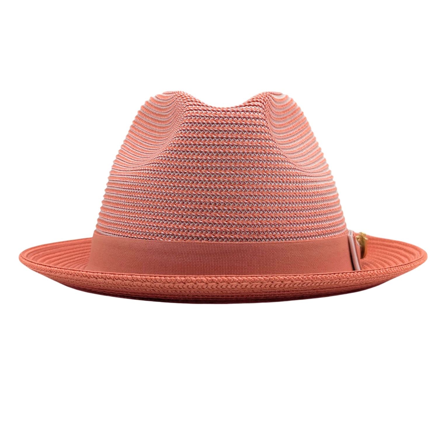 Salmon Montique fedora hat front view with wide brim, woven crown, matching band, and side pin detail
