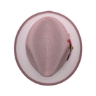 Blush and white fedora hat top view showing blush woven crown, white brim underside, blush trim, and side feather detail