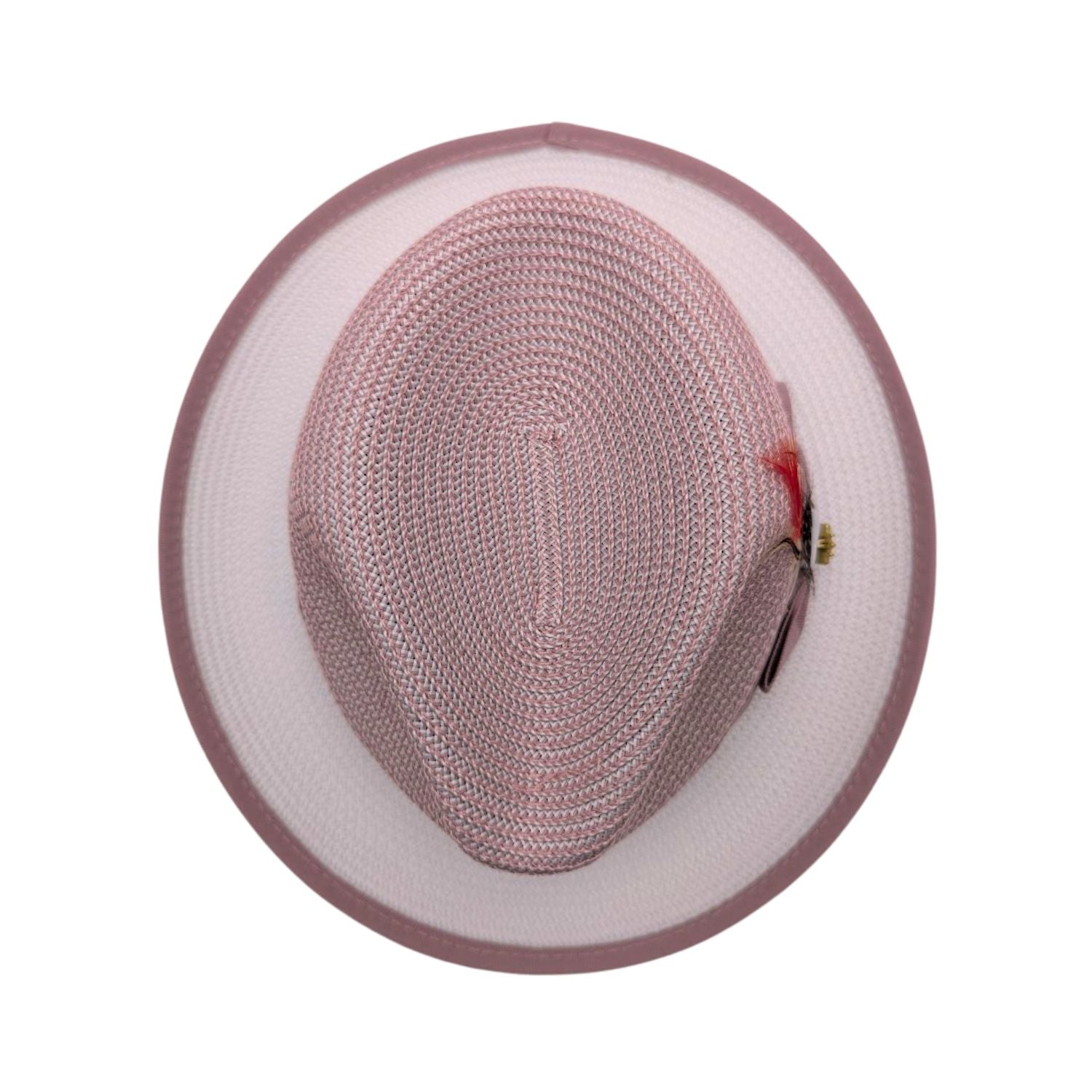 Blush and white fedora hat top view showing blush woven crown, white brim underside, blush trim, and side feather detail