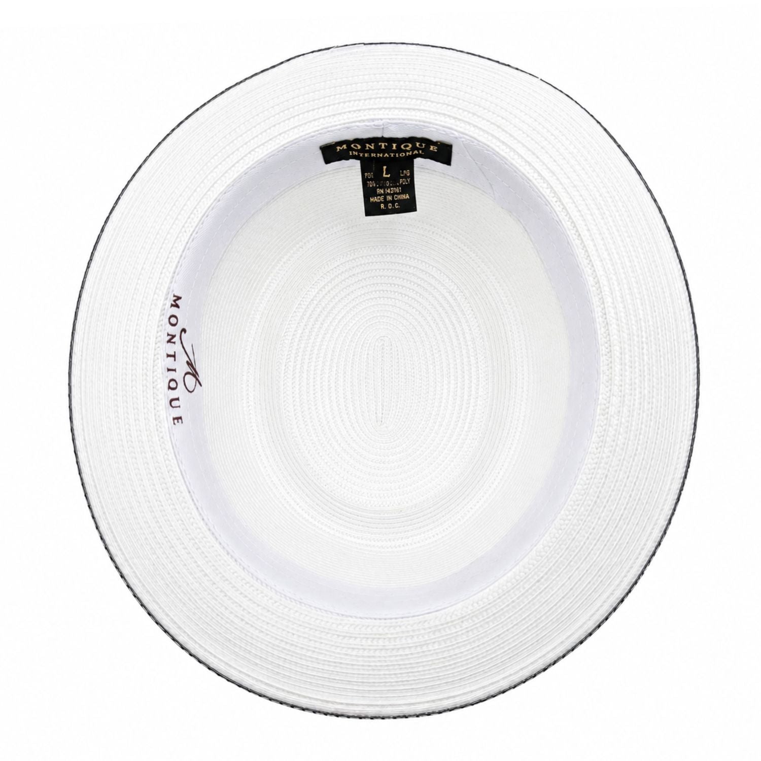 Montique white straw pork pie hat inside view with branded sweatband