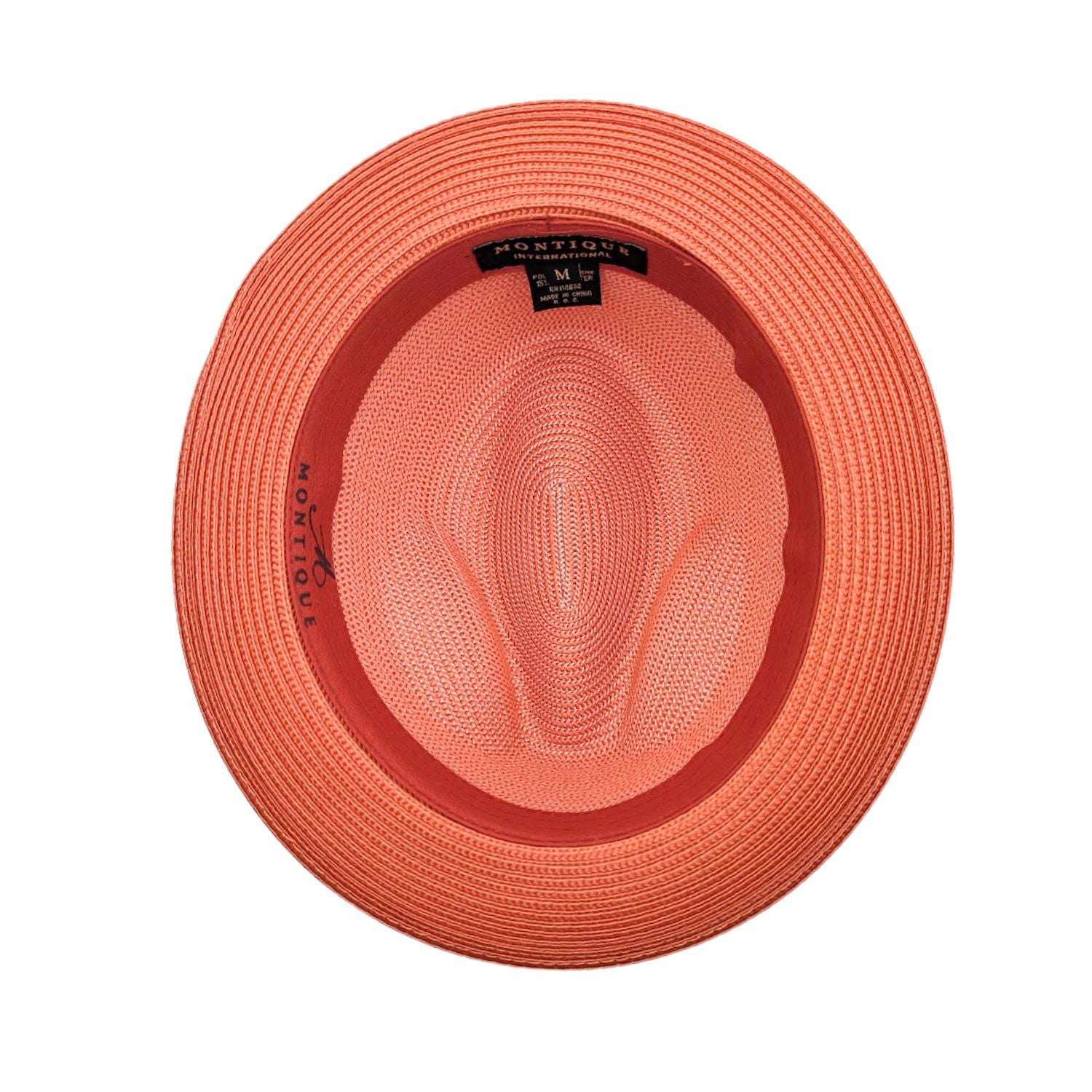 Salmon Montique fedora hat interior view with matching brim, sweatband, and branded label