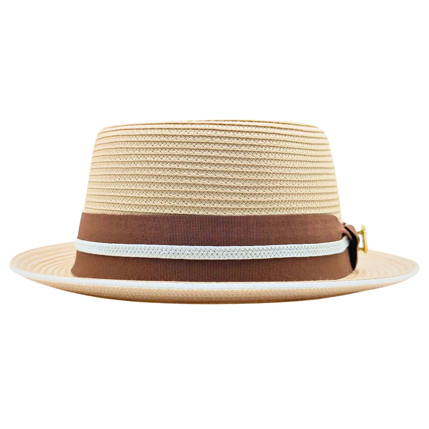 Beige Montique pork pie straw hat front view with brown ribbon band, white braided trim, and logo pin
