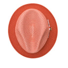 Salmon Montique fedora hat top view with wide brim, two-tone woven crown, and side bow detail