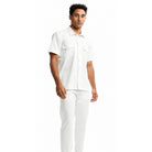 White short sleeve walking suit with embroidered fabric design 