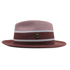 Blush and burgundy Montique fedora hat side view with striped woven crown, contrast burgundy brim, and logo pin