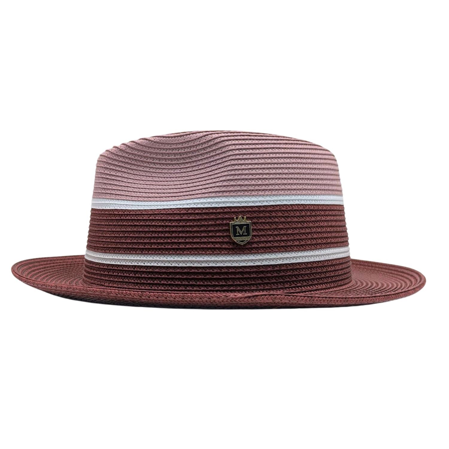 Blush and burgundy Montique fedora hat side view with striped woven crown, contrast burgundy brim, and logo pin
