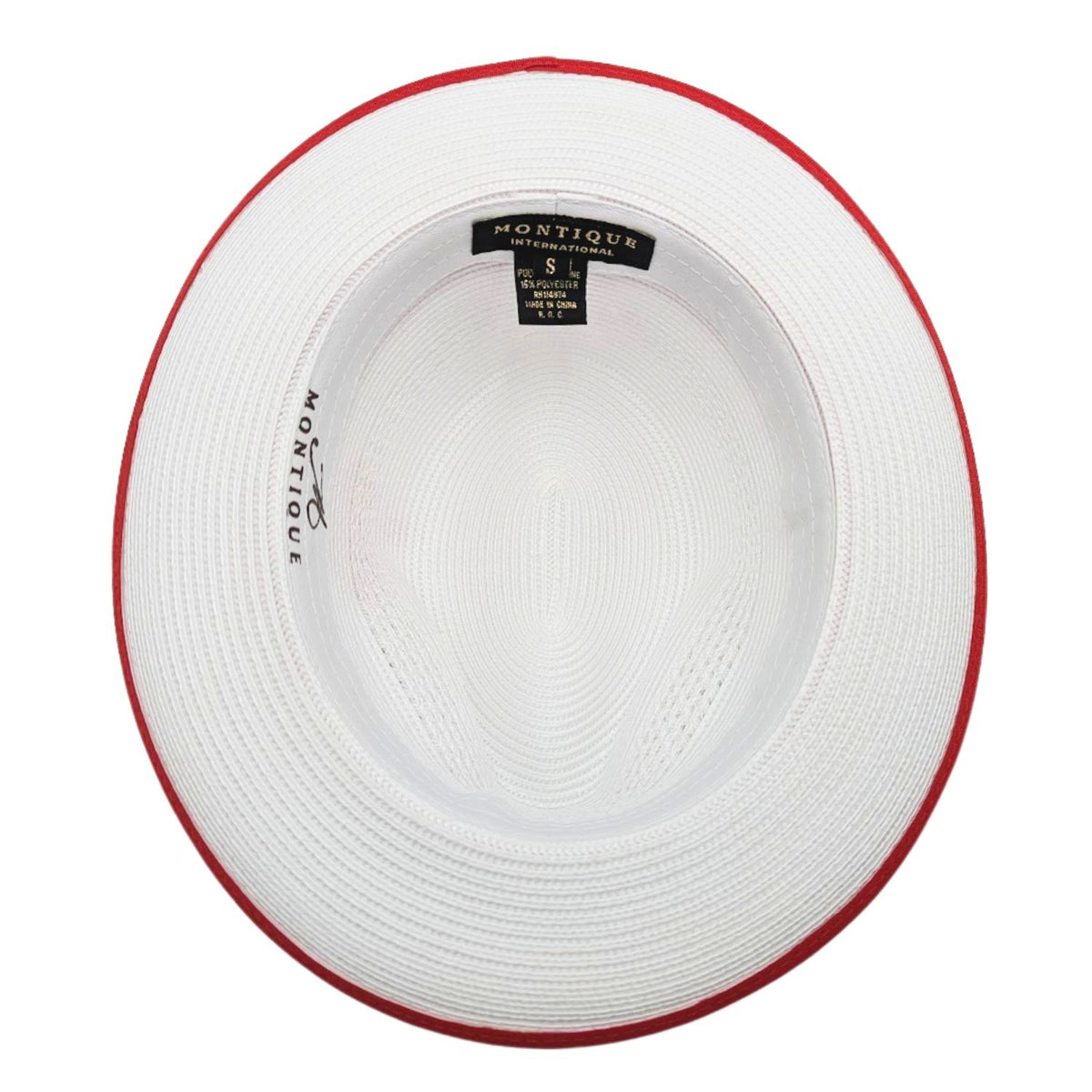 white and red straw fedora hat inside view with branded sweatband