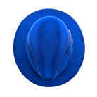 Royal blue wool felt fedora hat top view with shaped crown, wide brim, and smooth felt finish