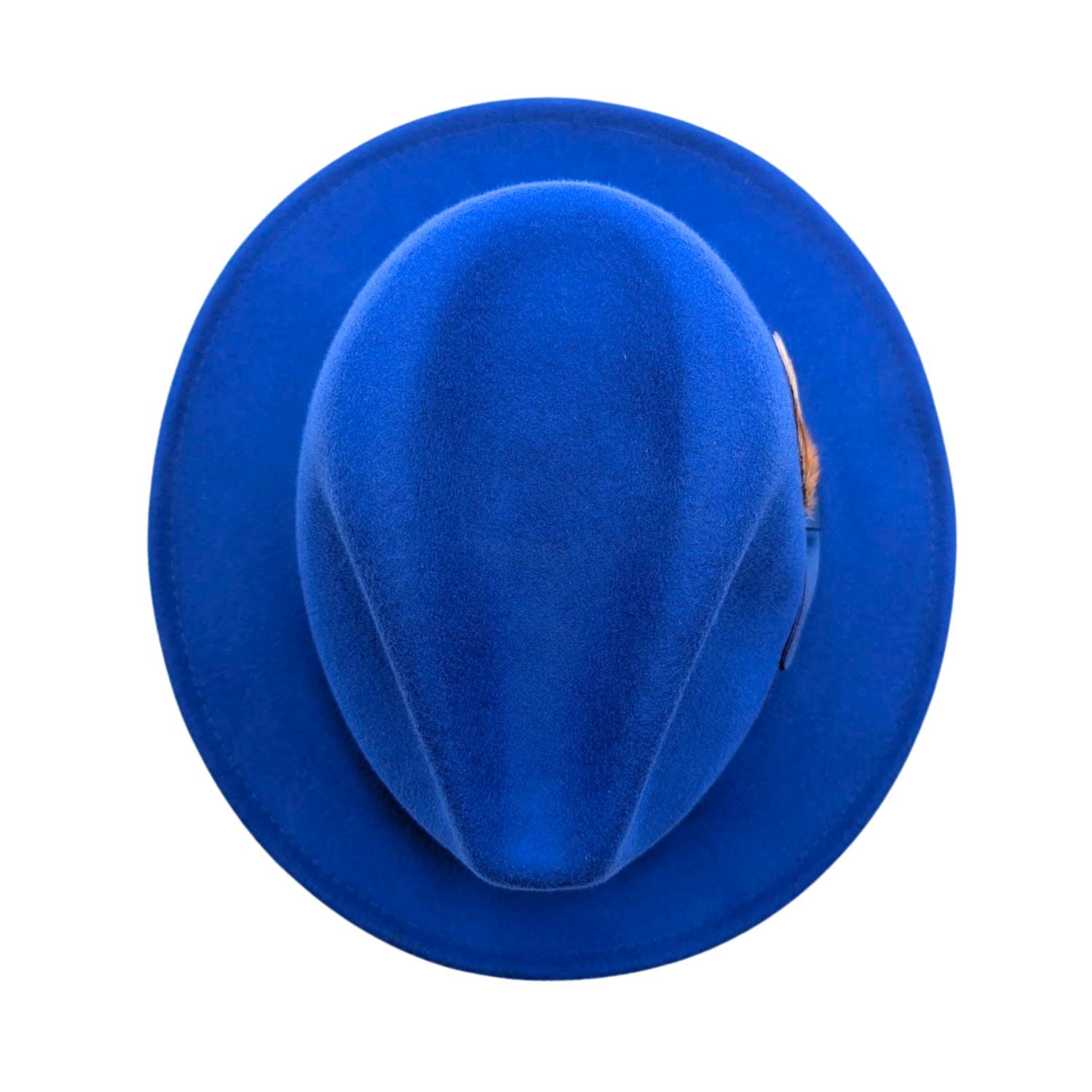 Royal blue wool felt fedora hat top view with shaped crown, wide brim, and smooth felt finish