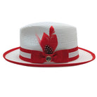 white and red straw fedora hat side view with red brim trim