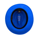 Royal blue Montique wool felt fedora hat interior view with black sweatband, wide brim, and branded crown lining