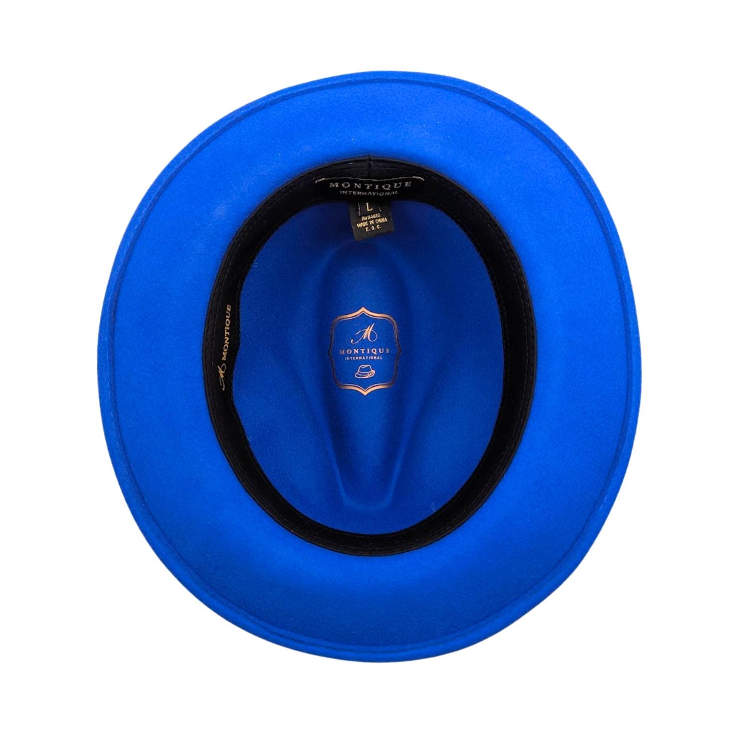 Royal blue Montique wool felt fedora hat interior view with black sweatband, wide brim, and branded crown lining