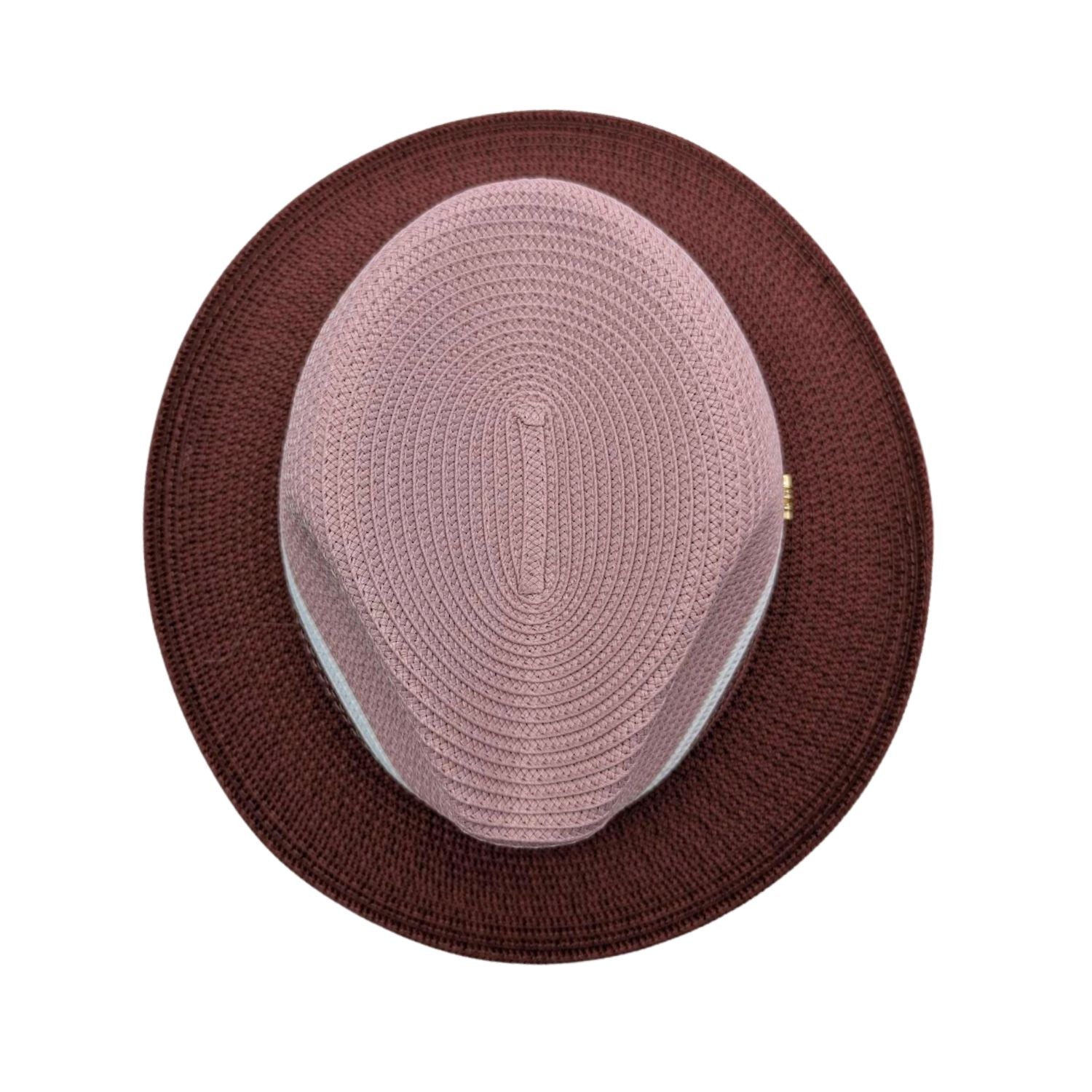 Blush and burgundy Montique fedora hat top view showing blush crown, burgundy brim, and white accent trim
