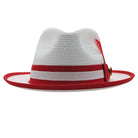 white and red straw fedora hat front view with red bow and feather