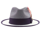 Montique purple and white summer fedora back view with ribbon band and feather accent