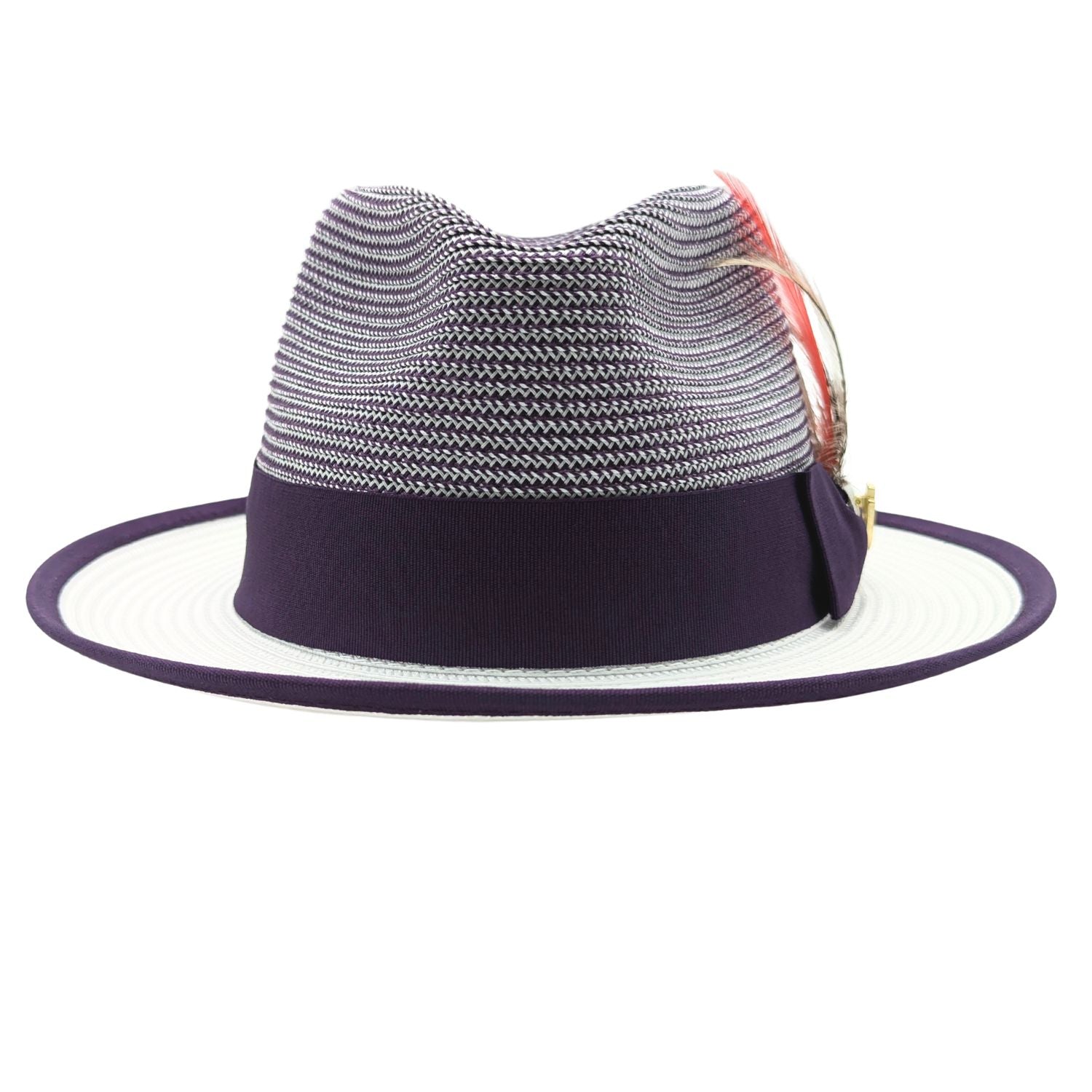 Montique purple and white summer fedora back view with ribbon band and feather accent
