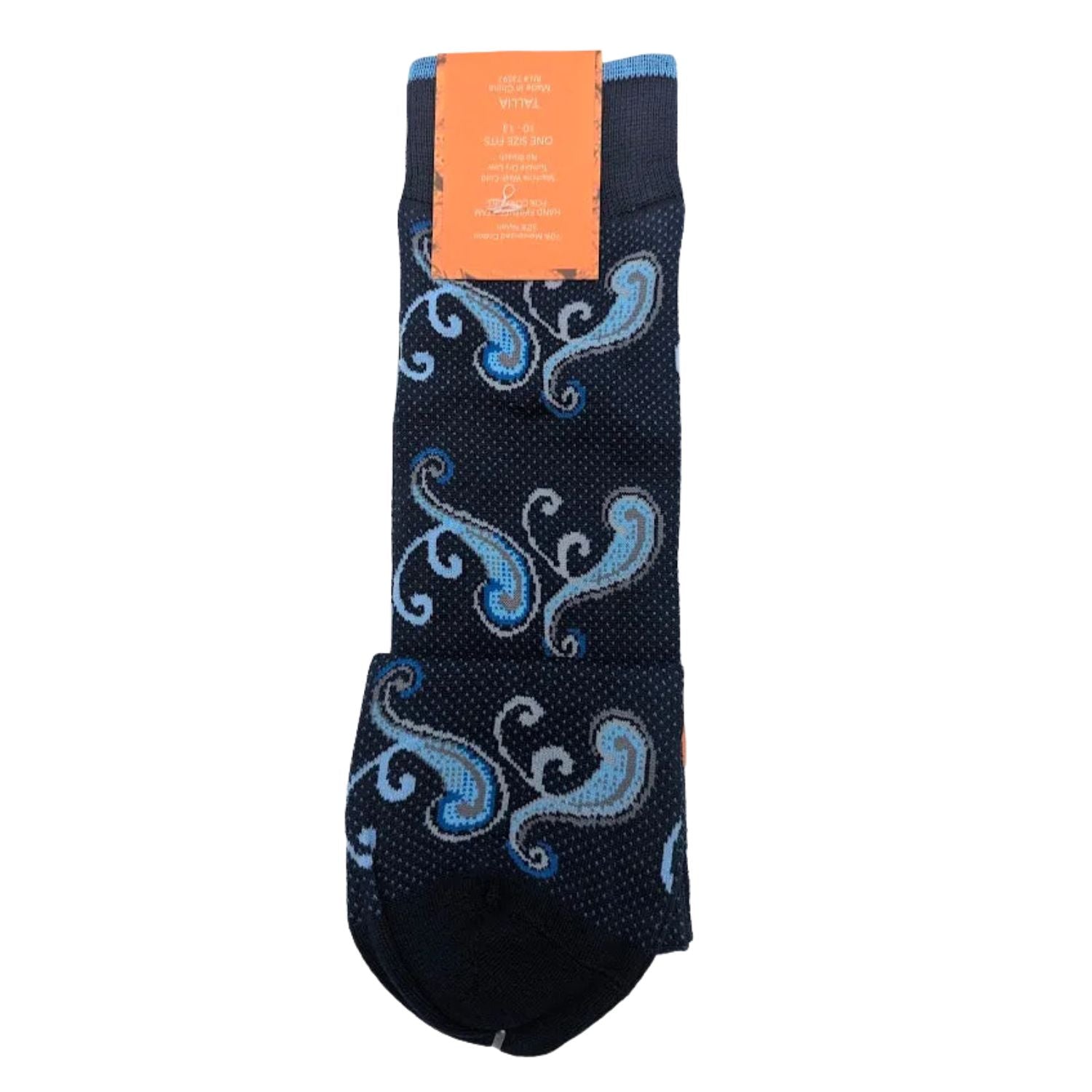 navy blue dress socks with dotted background and blue scroll design