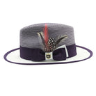 Montique purple and white summer fedora side view with ribbon band and feather accent