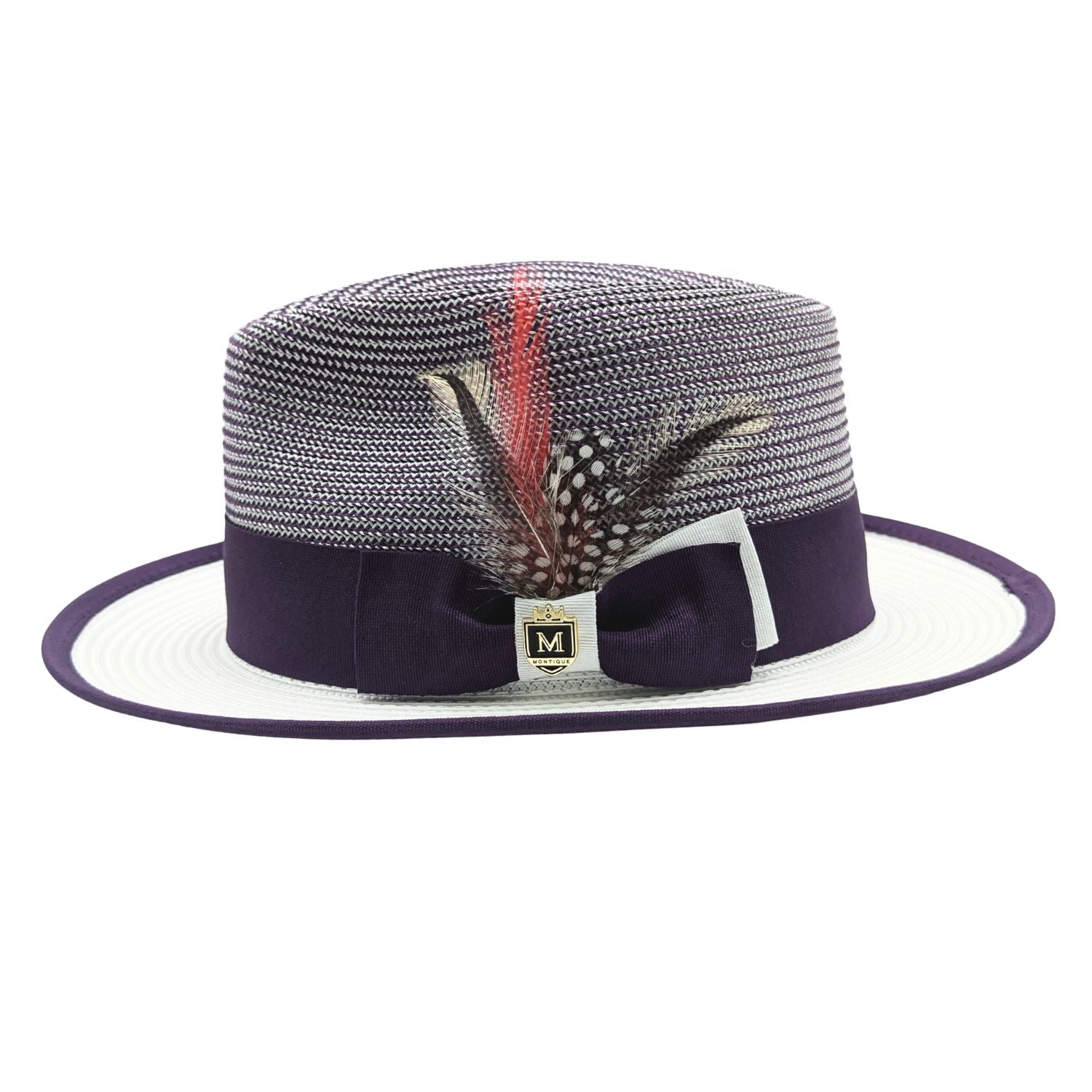 Montique purple and white summer fedora side view with ribbon band and feather accent