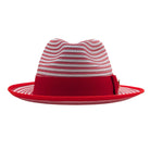 Red and white fedora hat front view with red band, striped woven crown, and red edge trim