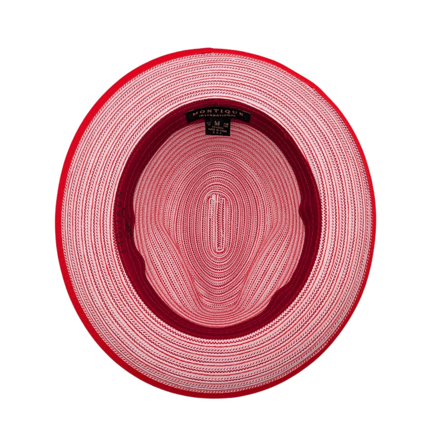Red and white fedora hat interior view with red trim, woven crown, and branded sweatband