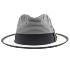  black and white straw fedora hat front view with black ribbon band