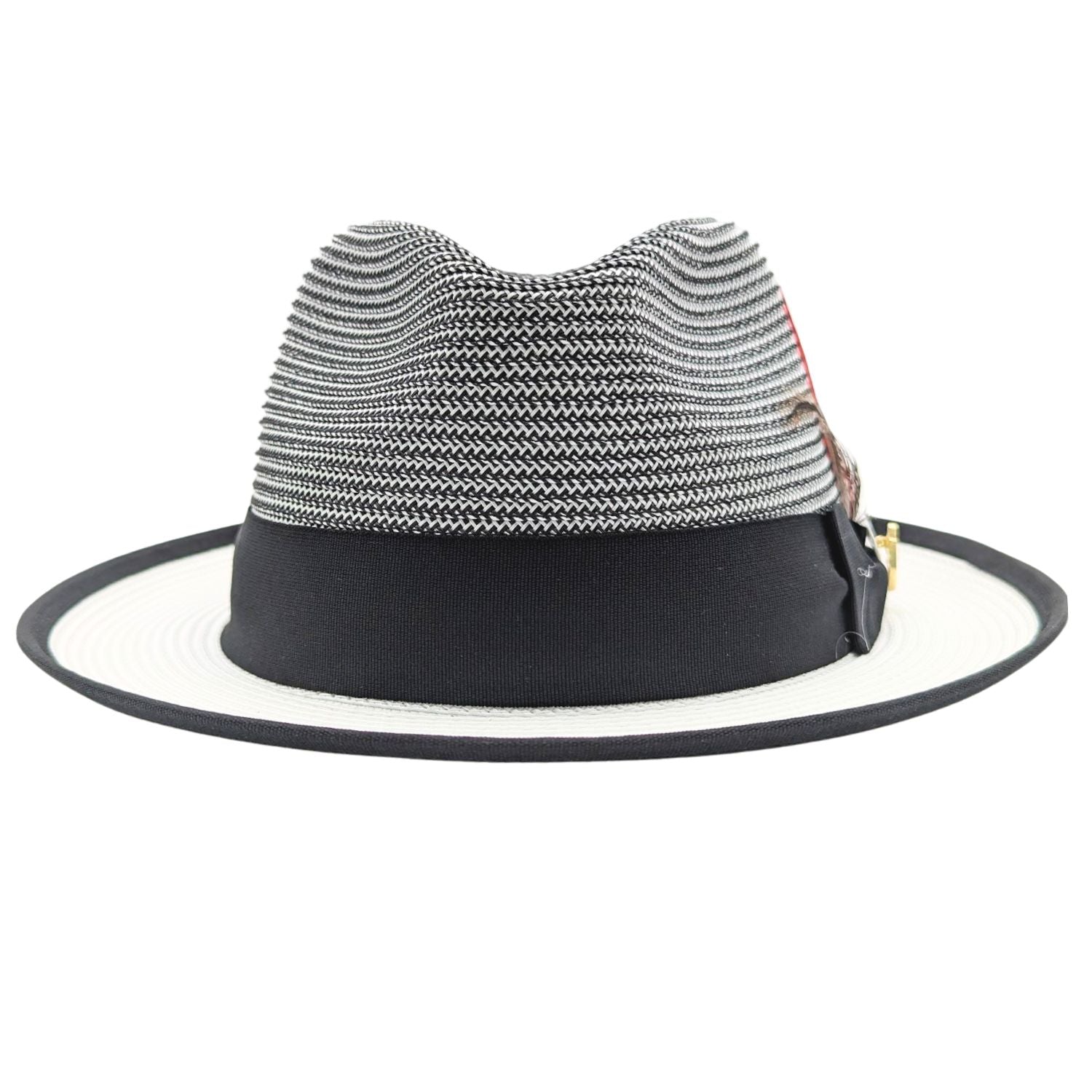 black and white straw fedora hat front view with black ribbon band
