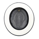black and white straw fedora hat inside view with branded sweatband