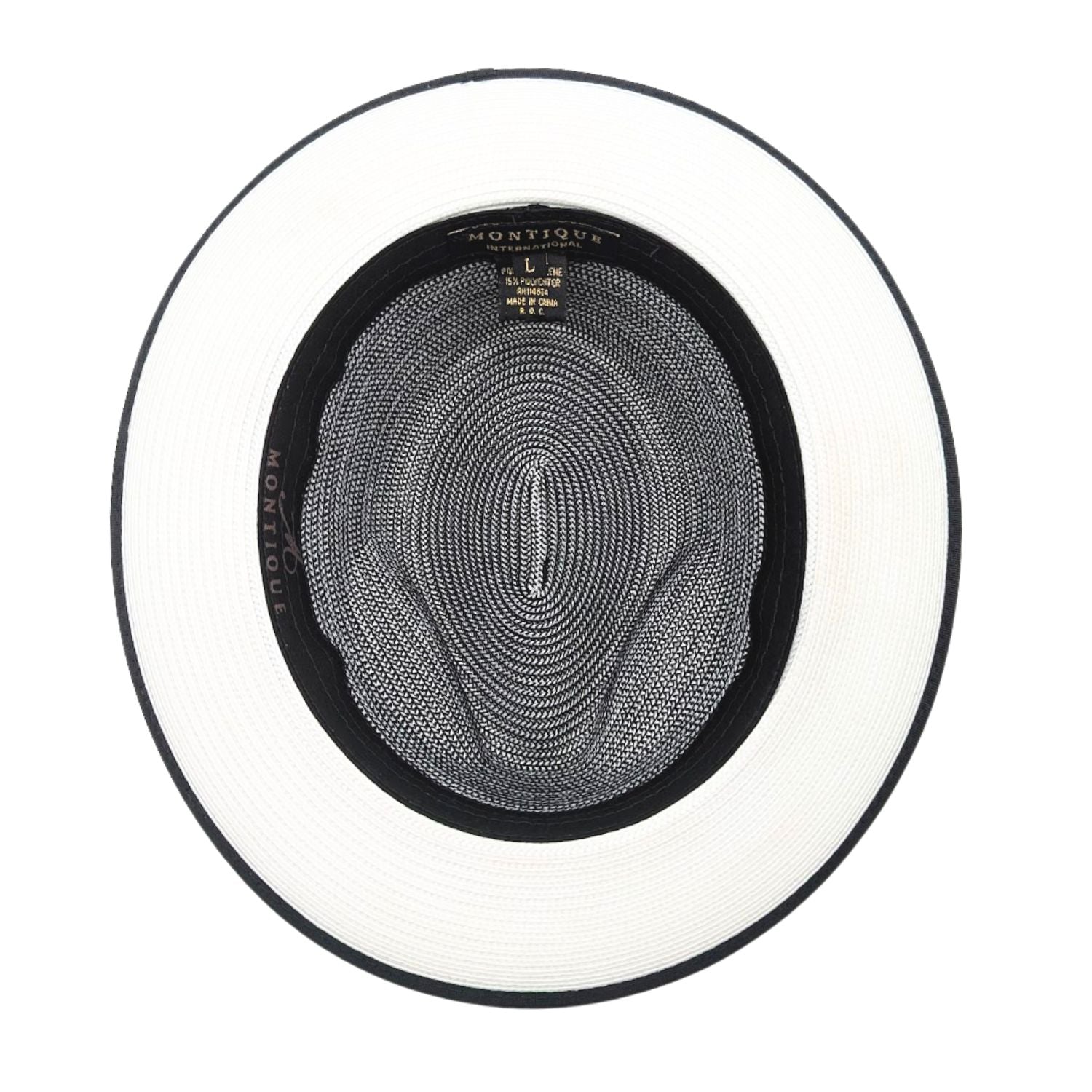 black and white straw fedora hat inside view with branded sweatband