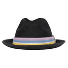 Black fedora hat front view with multicolor band stripes and black wide brim