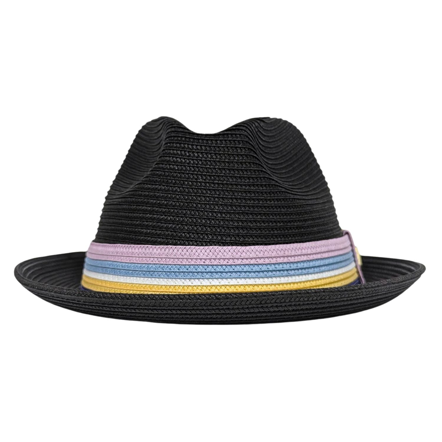 Black fedora hat front view with multicolor band stripes and black wide brim