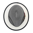 black and white straw fedora hat top view with black brim trim
