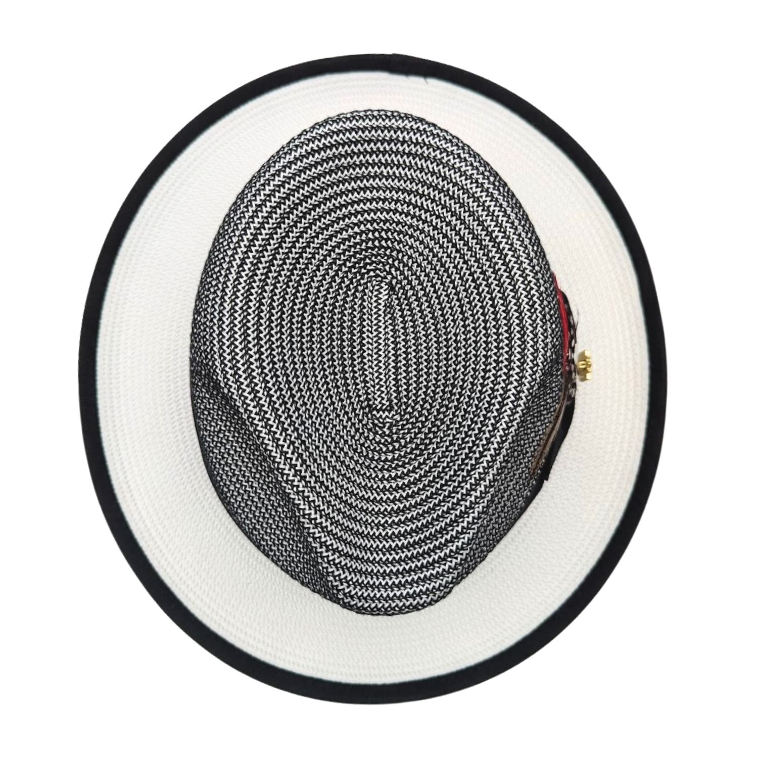 black and white straw fedora hat top view with black brim trim