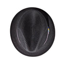 Black Montique fedora hat top view showing oval crown shape, woven texture, and side ribbon detail