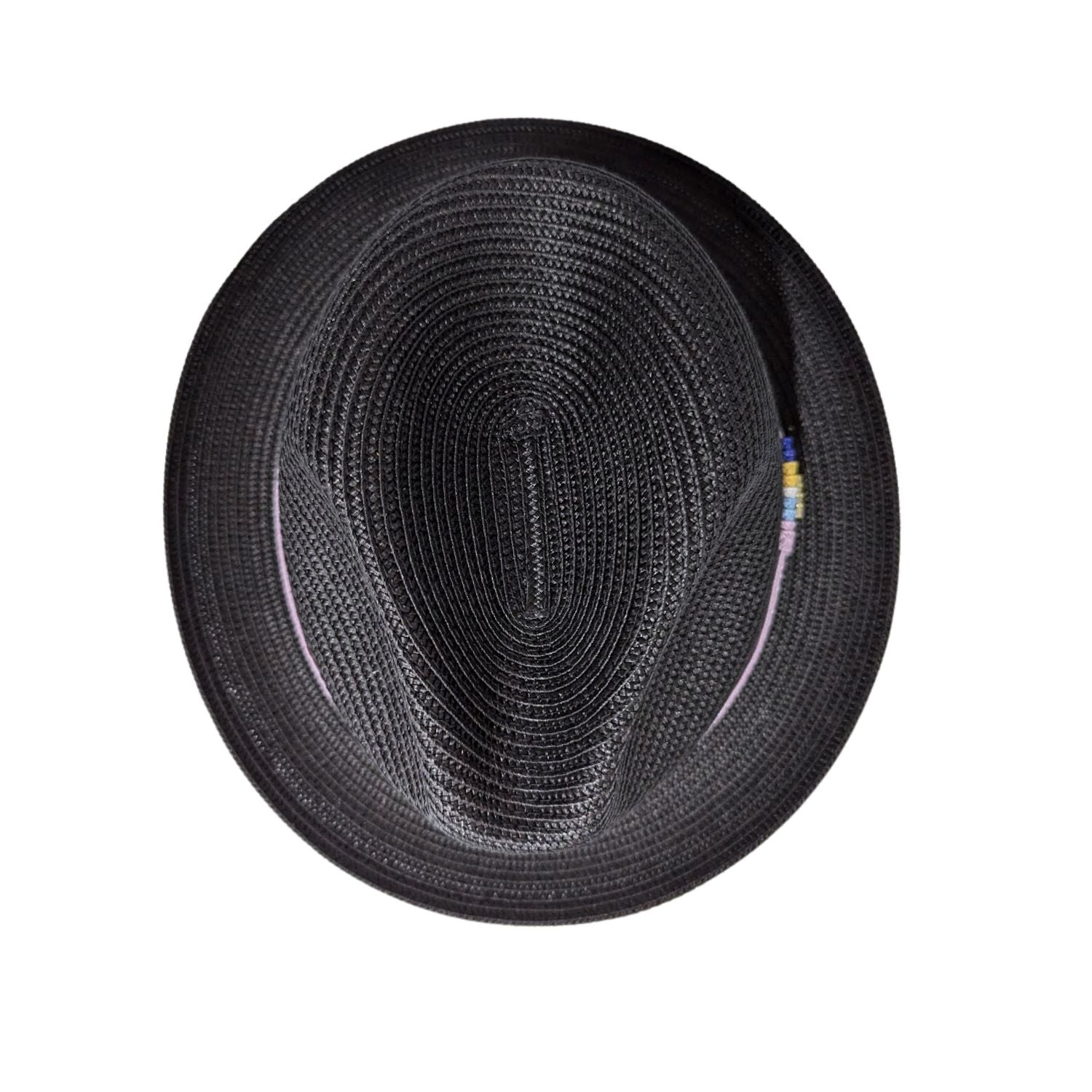 Black Montique fedora hat top view showing oval crown shape, woven texture, and side ribbon detail