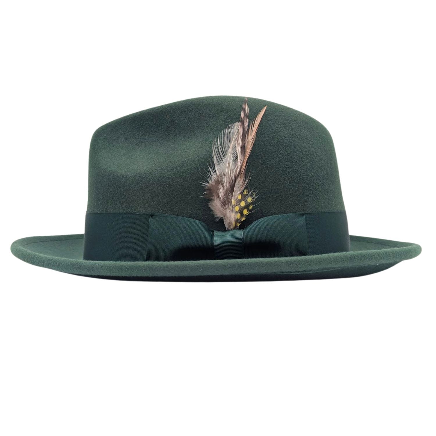 side view of hunter green wool felt fedora hat with matching ribbon band, bow, feather accent, and wide brim