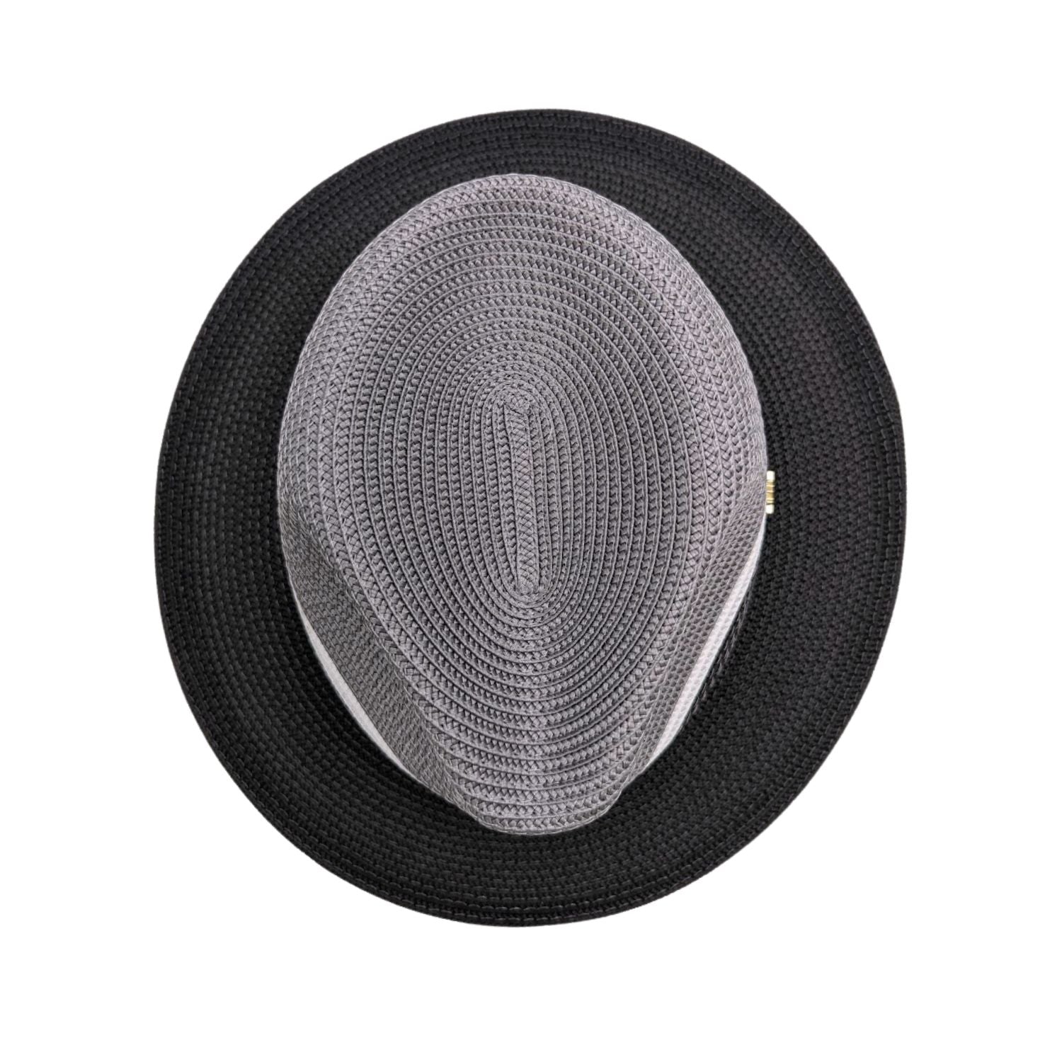 Black and grey Montique fedora hat top view showing grey crown, black brim, white side trim, and structured woven design