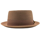 cappuccino  straw pork pie hat front view with matching ribbon band