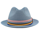 Carolina blue fedora hat front view with pink, black, gold, and blue striped band accents