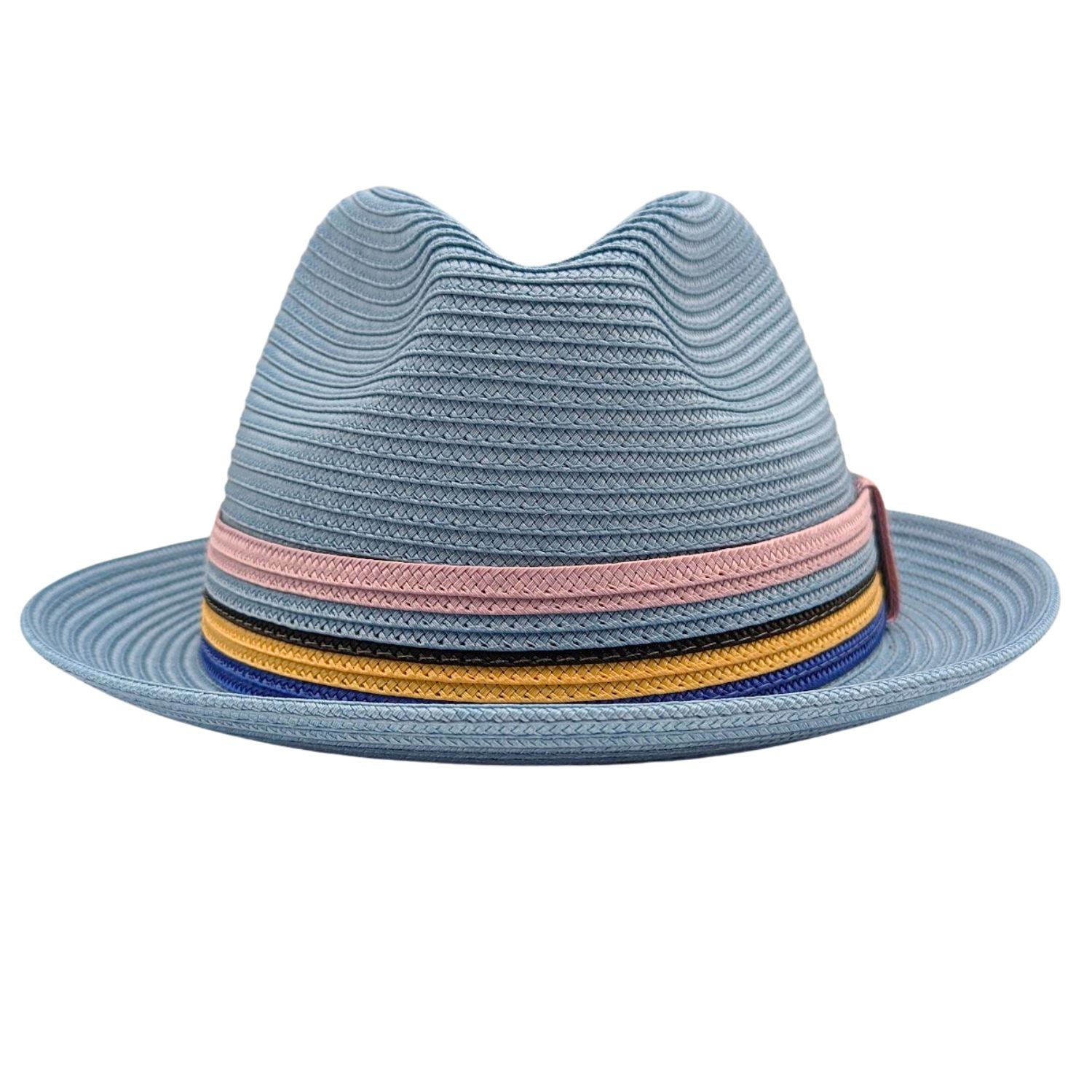 Carolina blue fedora hat front view with pink, black, gold, and blue striped band accents
