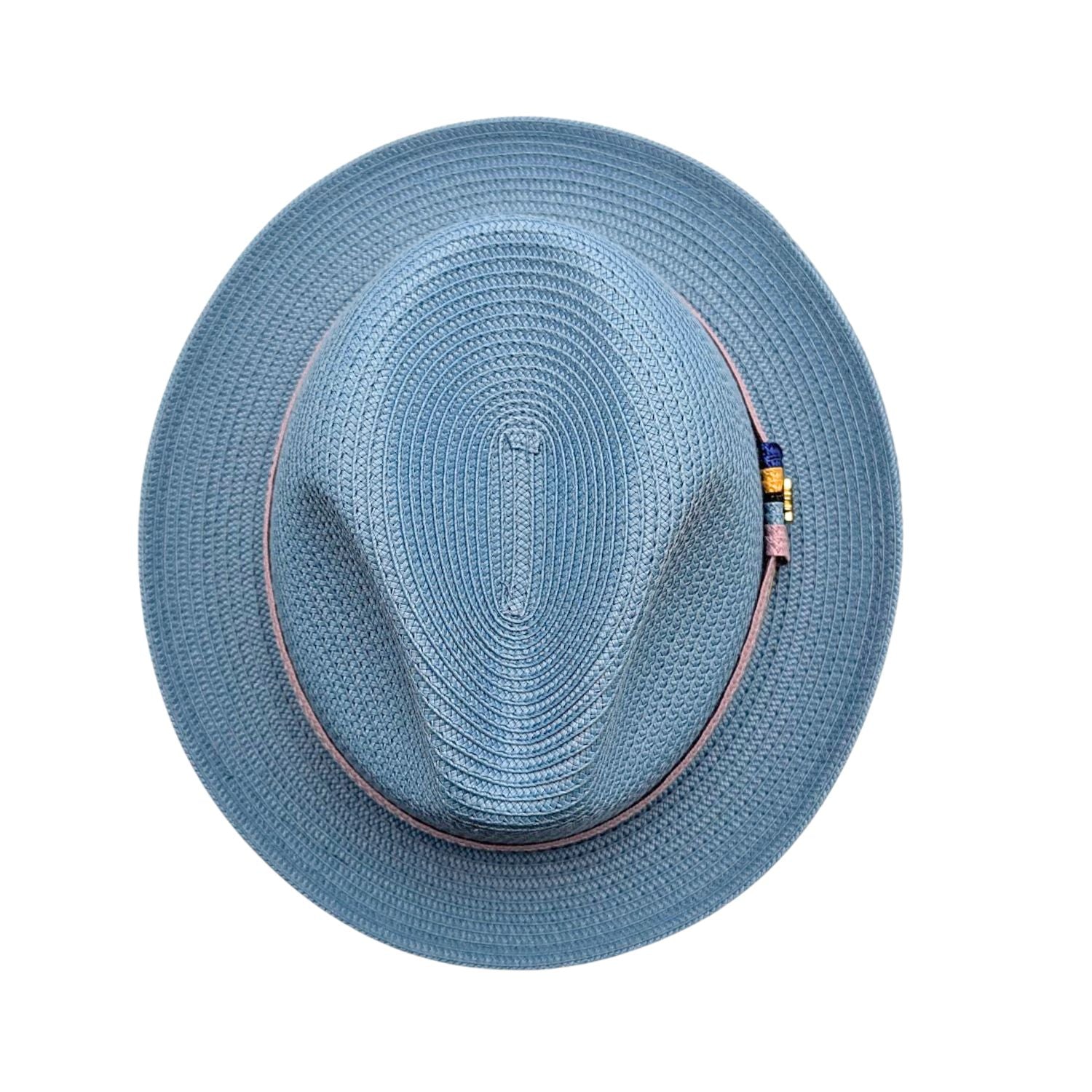 Carolina blue fedora hat top view showing pinched crown, woven texture, and multicolor side band detail