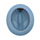Carolina blue fedora hat interior view with woven straw texture, matching sweatband, and branded size label