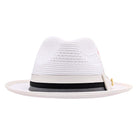 White fedora hat front view with vented woven crown, white band, black accent stripe, and white brim