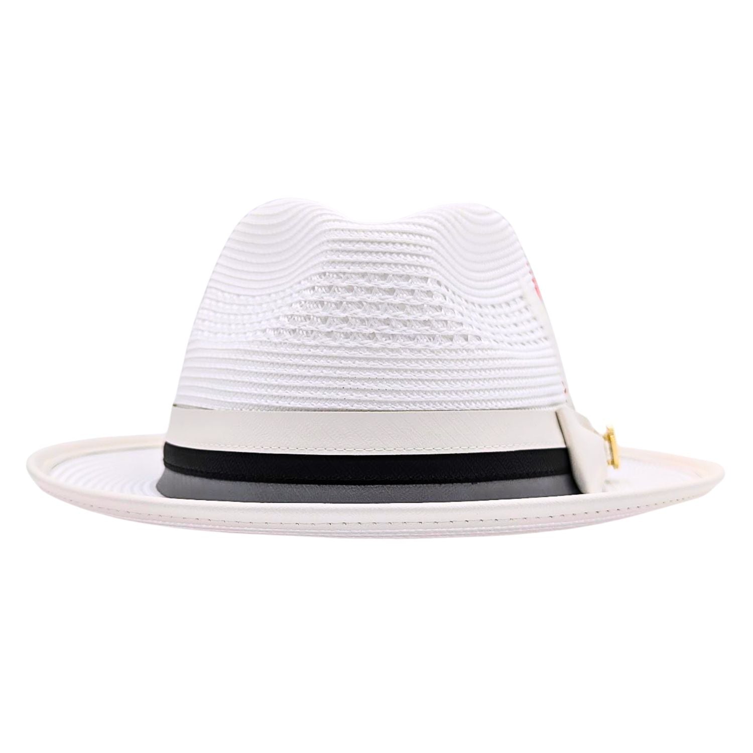 White fedora hat front view with vented woven crown, white band, black accent stripe, and white brim