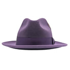 Front view of grape wool felt fedora hat with matching ribbon band, bow, feather accent, and wide brim