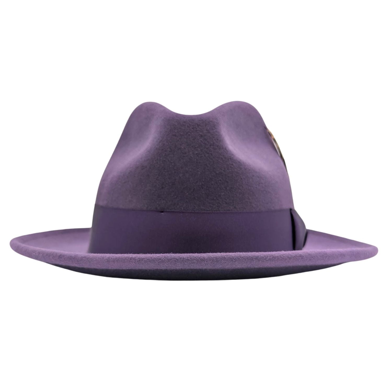 Front view of grape wool felt fedora hat with matching ribbon band, bow, feather accent, and wide brim