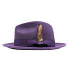 side view of grape wool felt fedora hat showing smooth wool felt crown, matching band, and wide brim