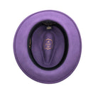 Interior view of grape wool felt fedora hat by Montique with black sweatband and printed crown logo