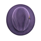 Top view of grape wool felt fedora hat showing pinch crown, wide brim, and side feather detail